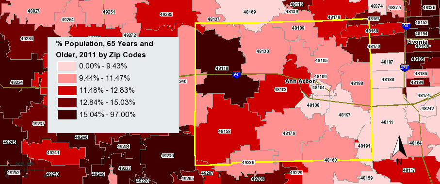 Washtenaw County Older Adult Residential Density by Zip Code